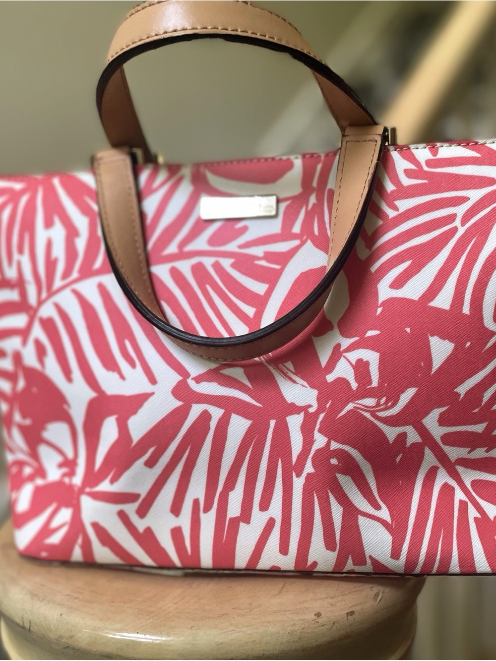 Women’s Coral and White Patterned Tote Bag